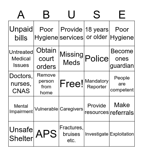 Abuse and Neglect Bingo Card