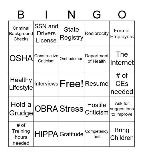 Chapter 10 NA BINGO Card