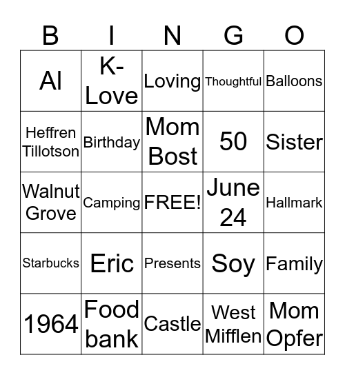 Debbie's 50! Bingo Card