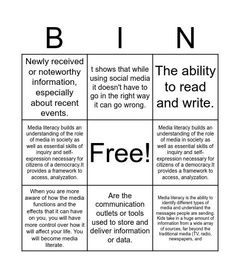 News and Media litracy Bingo Card