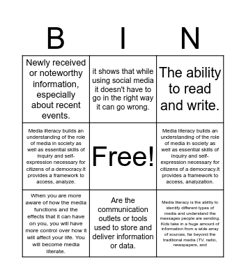 News and Media litracy Bingo Card