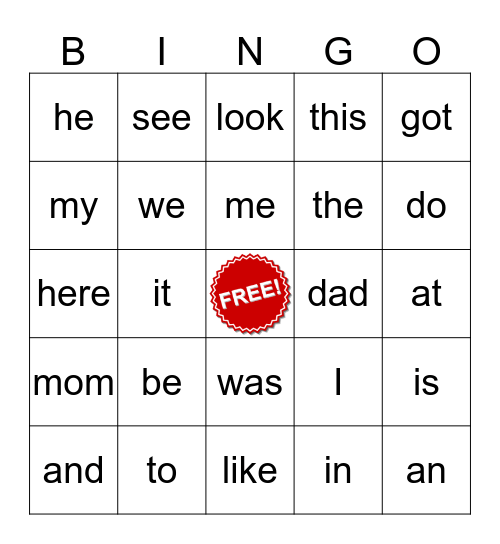 SNAP Word Bingo Card