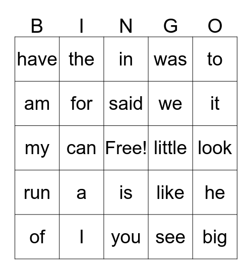 Kindergarten Sight Word  Bingo Card