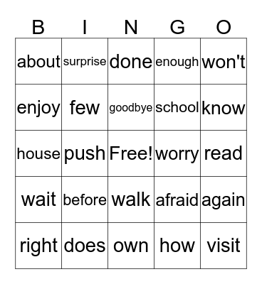 First Grade Sight Word Bingo Card