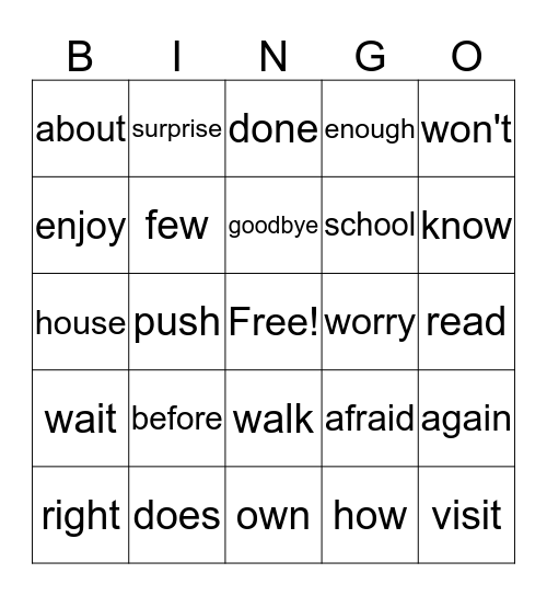 First Grade Sight Word Bingo Card