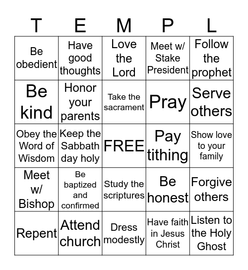 Preparing to be Worthy to Enter the Temple Bingo Card