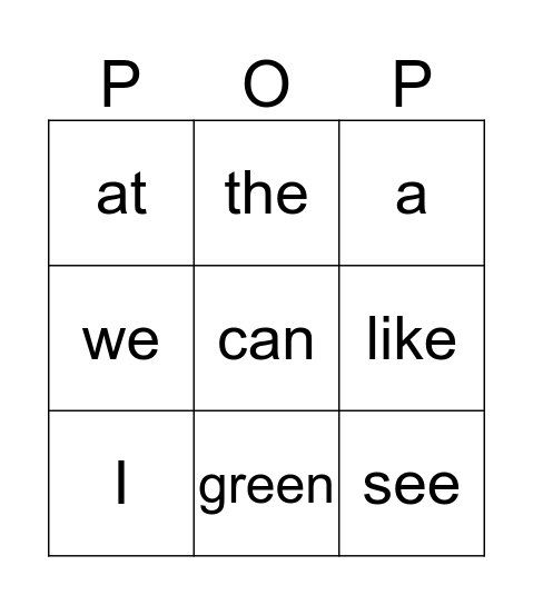 Popcorn words Bingo Card