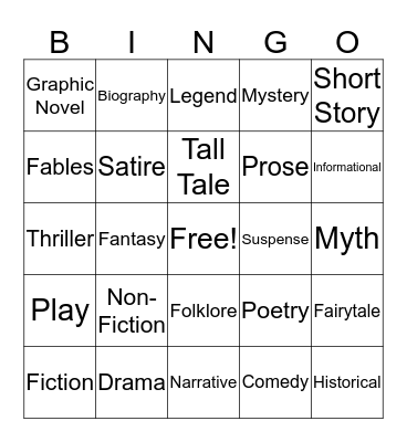 Literary Genres Bingo Card