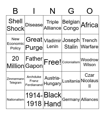 World War I Bingo Card