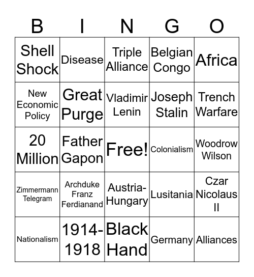 World War I Bingo Card