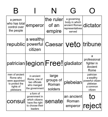 Ancient Rome Bingo Card