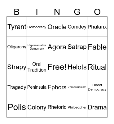 Ancient Greece Vocabulary Bingo Card