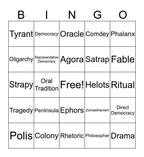 Ancient Greece Vocabulary Bingo Card