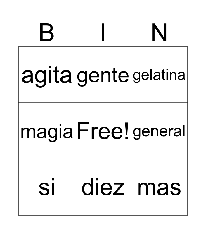 Bingo de palabras Bingo Card