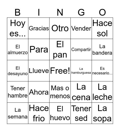 Spanish 1 Vocab 5  Bingo Card
