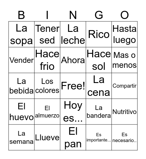 Spanish 1 Vocab 5  Bingo Card