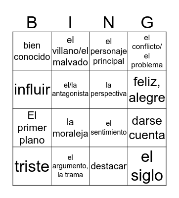 Unidad de Arte y Literatura Vocab Bingo Card