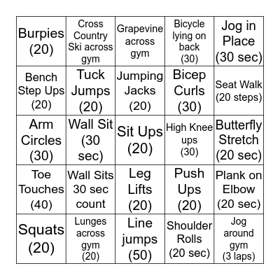 Fitness Choice Board Bingo Card