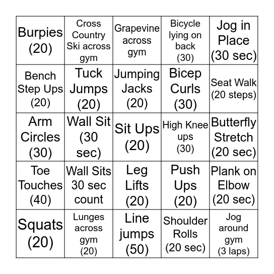 Fitness Choice Board Bingo Card