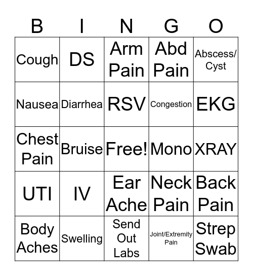 Urgent Care Bingo Card