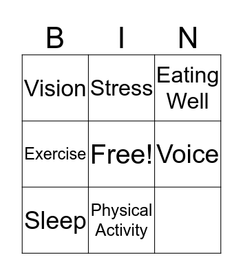 Getting Healthy  Bingo Card