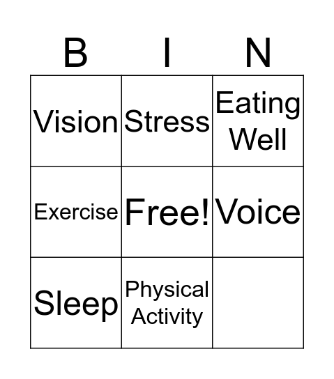 Getting Healthy  Bingo Card
