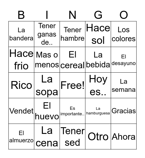 Spanish 1 Vocab 5  Bingo Card