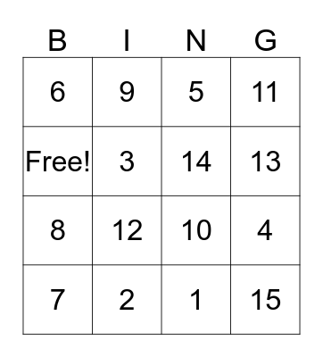 Math Addition/Subtraction Bingo: 1-15 Bingo Card