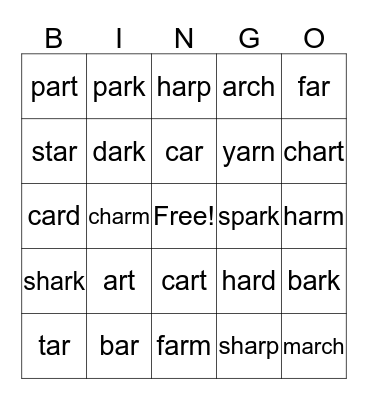 "ar" Bingo Card