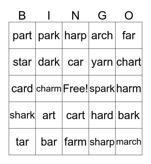 "ar" Bingo Card