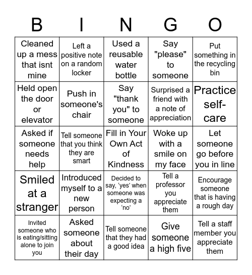 Random Acts of Kindness Bingo Card