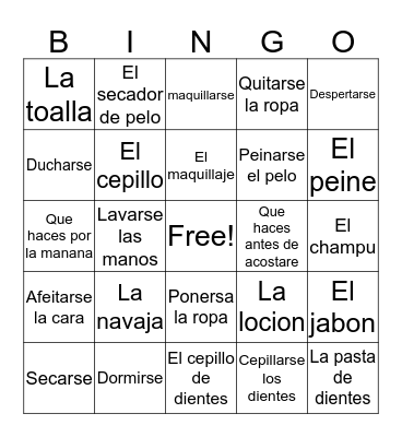 Spanish words  Bingo Card