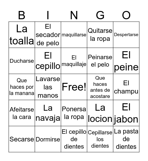 Spanish words  Bingo Card