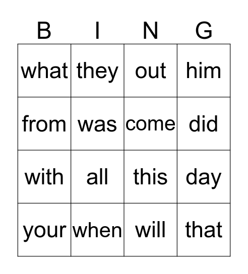High Frequency Word Bingo, 26-45 Bingo Card