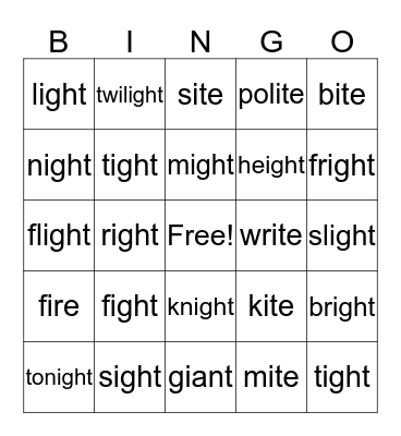 -ight words Bingo Card
