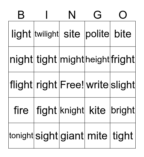 -ight words Bingo Card
