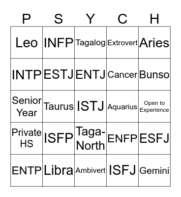 Speed Dating: Psych 101 Edition :) Bingo Card
