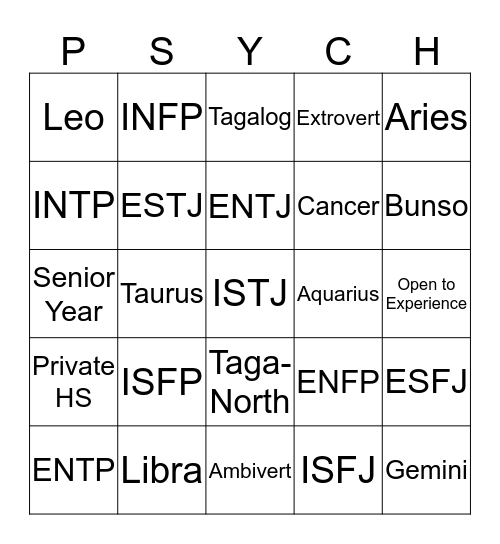 Speed Dating: Psych 101 Edition :) Bingo Card