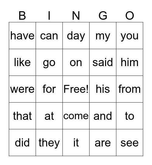 High Frequency Words, 1-50 Bingo Card