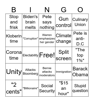 Democratic Debate Bingo Card