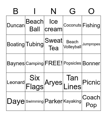 SUMMER FUN BINGO Card