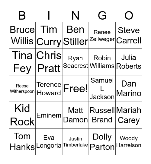 Celebrity Bingo Card