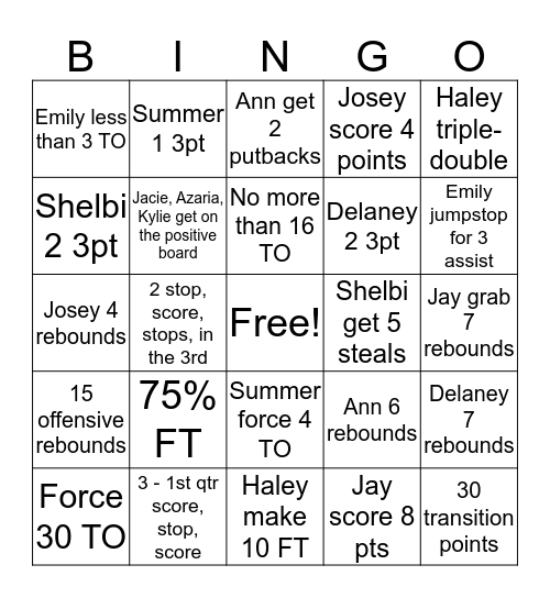 Lady Owls vs Boling Bingo Card