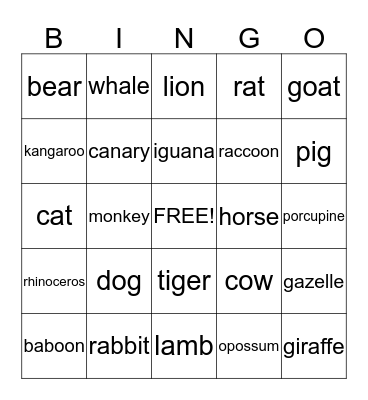 Animals Bingo Card