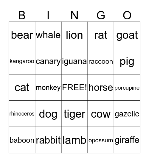 Animals Bingo Card