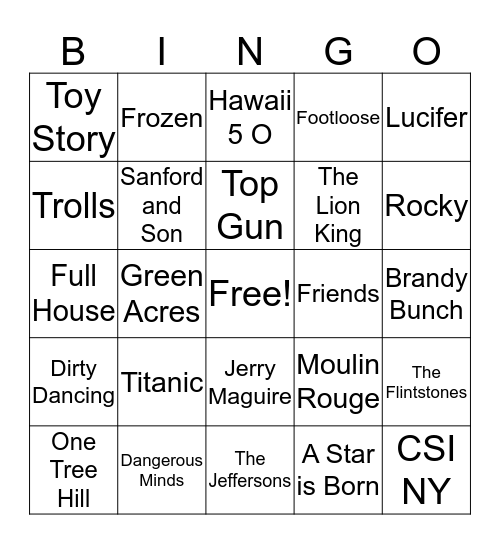 Theme Song Bingo Card