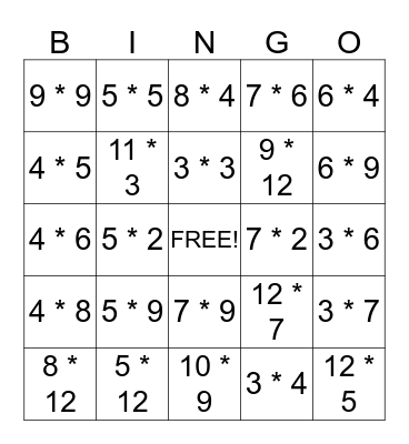 Multiplication Bingo Card