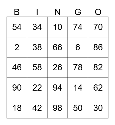 NUMBER BINGO Card