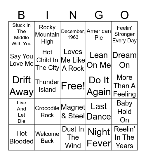 70s Music #2 Bingo Card
