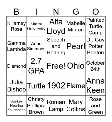 Delta Zeta  Bingo Card